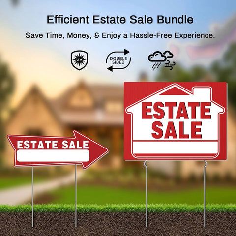 Estate Sale Signs Kit With Double Sided Arrows And Metal Stakes Includes Large And Small Signs Neon Fluorescent Pricing Stickers And SelfAdhesive Labels Go-To Yard Sale Directional Signage For Quick Customer Traffic red arrow and estate sale signs on metal stakes