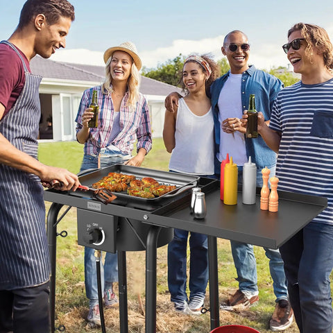 Friends cooking and enjoying in backyard with Single Burner Gas Stove With Side Shelf 100,000 BTU Portable Propane Stove