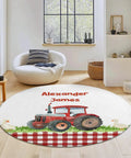 Farm Tractor Round Rugs For Bedroom And Living Room Soft Flannel Circle Carpet Machine Washable And Non Slip Backing Red Checkered Design Cozy Nursery And Dorm Decor 80CM with tractor print in room