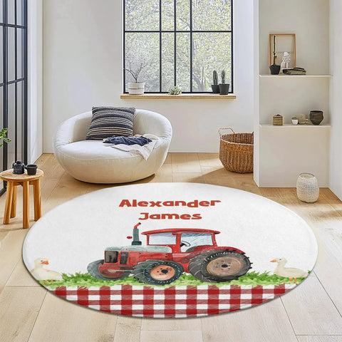 Farm Tractor Round Rugs For Bedroom And Living Room Soft Flannel Circle Carpet Machine Washable And Non Slip Backing Red Checkered Design Cozy Nursery And Dorm Decor 80CM with tractor print in room