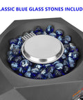 Close-up of 14 Inch Modern Tabletop Gas Fire Pit with blue glass stones and silver burner, 5400 BTU, for patio or camping.