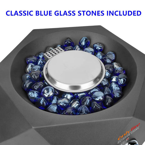 Close-up of 14 Inch Modern Tabletop Gas Fire Pit with blue glass stones and silver burner, 5400 BTU, for patio or camping.
