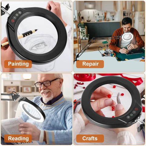 Real Glass 5 Inch Magnifying Glass With LED Light and Stand in use for painting, repair, reading, and craft projects.