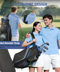 Couple carrying cart golf bag with 15 way top divider and cooler, showing padded ergonomic straps for comfort and easy club access