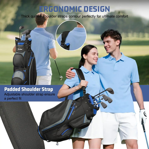 Couple carrying cart golf bag with 15 way top divider and cooler, showing padded ergonomic straps for comfort and easy club access