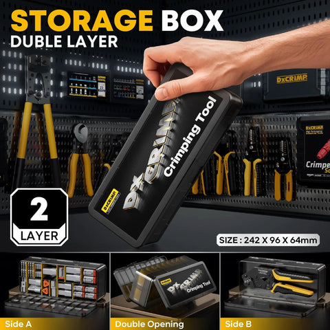 Storage box containing DT Series All In One Connector Crimp Tool Kit For Waterproof Automotive Electrical Connectors, shown in organizer.