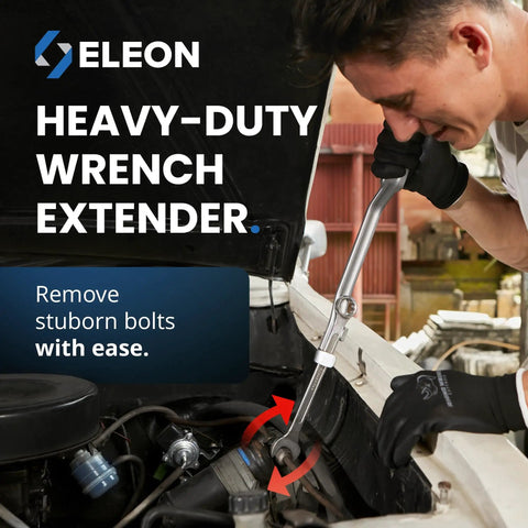 Mechanic using Rhino Wrench Extender Tool Bar For Extra Long Leverage 15 Inch Wrench Extension to loosen bolt in car engine.