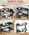 Two-Tier Clamp-On Desk Shelf And Organizer For Under Desk Storage With Hooks And High Load-Bearing Capacity in multiple room settings