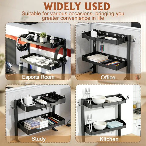 Two-Tier Clamp-On Desk Shelf And Organizer For Under Desk Storage With Hooks And High Load-Bearing Capacity in multiple room settings