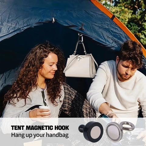 Heavy Duty Magnetic Hook Set For Canopies And Tents With Carabiner Hangers Neodymium Magnets 11 Lbs Load hanging a bag in tent