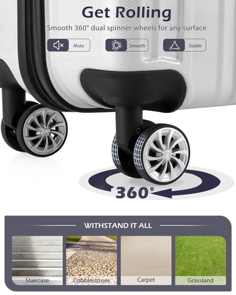 Durable Lightweight Carry On Luggage With PC Plus ABS Hard Shell, dual spinner wheels detail on white grid finish