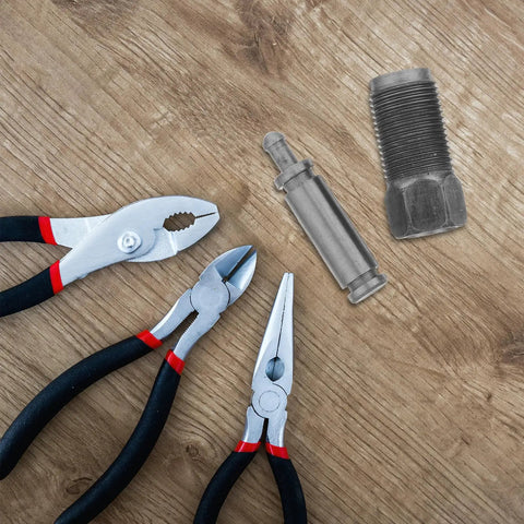 Heavy Gauge Steel Floor Jack Oil Pump Cylinder 18 mm Threaded Hydraulic Piston Plunger Replacement Kit with pliers and bolt on wood.
