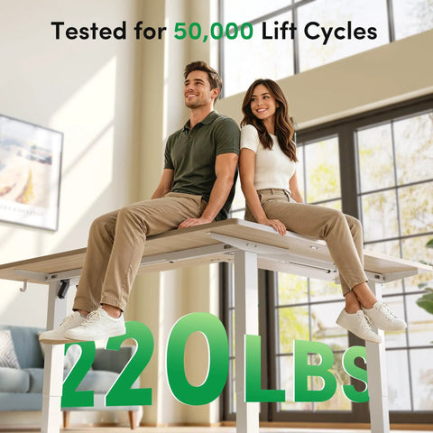 Dope Ergonomic L Shaped Standing Desk Adjustable Height Electric Sit Stand Corner Computer Workstation with two people seated.