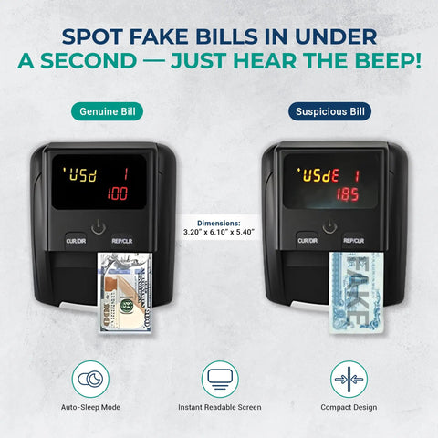 Pro Grade Counterfeit Bill Detector For US Dollars With Multi Method Verification showing genuine and suspicious bills results