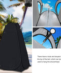 Pop Up Privacy Shower Tent For Camping And Beach With Portable Toilet And Dressing Room, Extra Tall UPF 50 Plus, Water Resistant Shelter With Durable Steel Frame For Hiking, Fishing And Picnics in a beach setting showing water-resistant fabric and shower features.