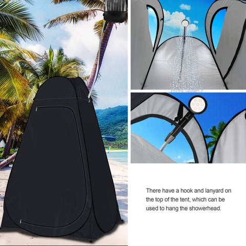 Pop Up Privacy Shower Tent For Camping And Beach With Portable Toilet And Dressing Room, Extra Tall UPF 50 Plus, Water Resistant Shelter With Durable Steel Frame For Hiking, Fishing And Picnics in a beach setting showing water-resistant fabric and shower features.