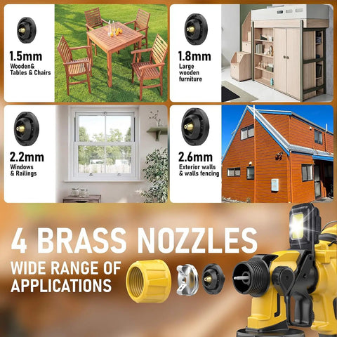 Score Big On Home Jobs With This Cordless Paint Sprayer showing 4 brass nozzles for various applications and projects.