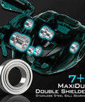 Image of Crixus Fishing Rod And Reel Combo For Spinning And Baitcasting, highlighting 7+1 MaxiDur double shielded stainless steel ball bearings.