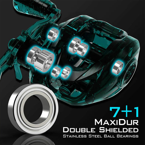 Image of Crixus Fishing Rod And Reel Combo For Spinning And Baitcasting, highlighting 7+1 MaxiDur double shielded stainless steel ball bearings.