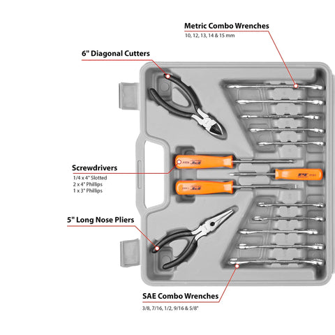 Open toolbox showing Versatile SAE and Metric Multi Use DIY Ready Tool Set With 119 Pieces, including wrenches, pliers, screwdrivers.