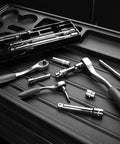 9 Piece Socket Accessory Set With 1/4 Inch, 3/8 Inch And 1/2 Inch Drive Universal Joints, chrome vanadium steel, on tool tray
