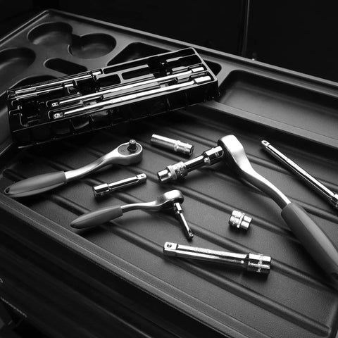 9 Piece Socket Accessory Set With 1/4 Inch, 3/8 Inch And 1/2 Inch Drive Universal Joints, chrome vanadium steel, on tool tray