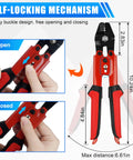 Ultimate Pro Grade Fishing Crimping Tool Kit with High Carbon Steel Pliers, showing self-locking mechanism and dimensions.