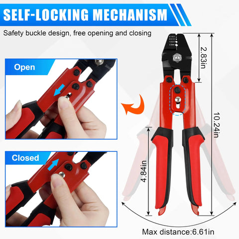 Ultimate Pro Grade Fishing Crimping Tool Kit with High Carbon Steel Pliers, showing self-locking mechanism and dimensions.