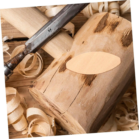 Knockout 100 Piece Wood Biscuit Joiner Kit With Heavy Duty Biscuit Cutter For Lightning Fast Woodworking Slotting showing wood biscuit on log.