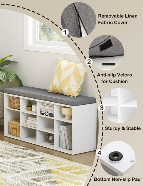 12 Cubby Shoe Storage Bench With Cushioned Seat And Adjustable Shelves White Entryway Organizer, details highlighted