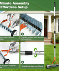 Wheel Equipped Adjustable Thatch Rake With No Backache Dethatching On Lawns assembly guide showing handle and steel tines