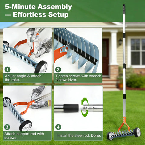 Wheel Equipped Adjustable Thatch Rake With No Backache Dethatching On Lawns assembly guide showing handle and steel tines