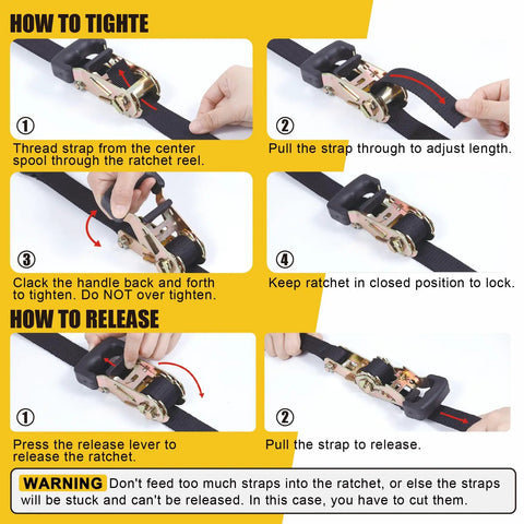 Instructional guide for using Heavy Duty Endless Ratchet Straps No Hook Setup One Inch By Eight Feet 1860 Pound Break Strength Black.