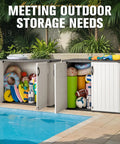 27 Cu Ft Resin Outdoor Storage Box Weather Resistant No Shelf Easy To Assemble 47.6 Inches Long 25.4 Inches Wide 37 Inches High White Perfect For Yard Patio And Backyards Storage shown near a pool with sports and pool toys inside.