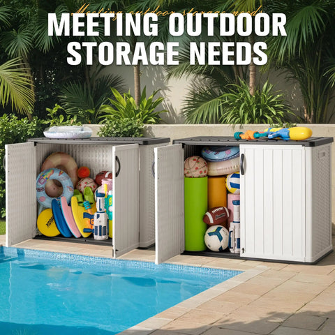 27 Cu Ft Resin Outdoor Storage Box Weather Resistant No Shelf Easy To Assemble 47.6 Inches Long 25.4 Inches Wide 37 Inches High White Perfect For Yard Patio And Backyards Storage shown near a pool with sports and pool toys inside.