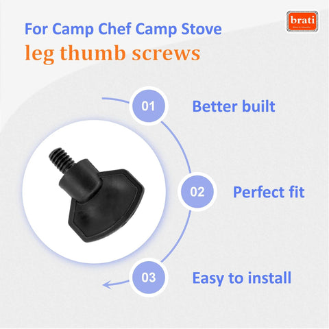 Image of durable plastic thumb screw for Camp Chef stoves with text highlighting features such as better build, perfect fit, and easy install.