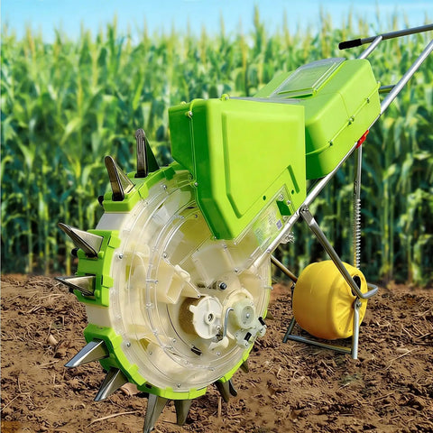 All In One Garden Push Seeder With Wheel Dual Hopper Seed Sower And Fertilizer Applicator in front of cornfield