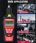 All-In-One Dual Mode Laser And Contact Tachometer With Rechargeable Battery Pro-Grade Photo Sensor RPM Meter Ranges 10 To 99999 And 1 To 19999 Backlit Display Hold Max Min Avg Hi Low Alarm for manufacturing and engine use