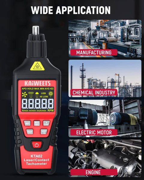 All-In-One Dual Mode Laser And Contact Tachometer With Rechargeable Battery Pro-Grade Photo Sensor RPM Meter Ranges 10 To 99999 And 1 To 19999 Backlit Display Hold Max Min Avg Hi Low Alarm for manufacturing and engine use