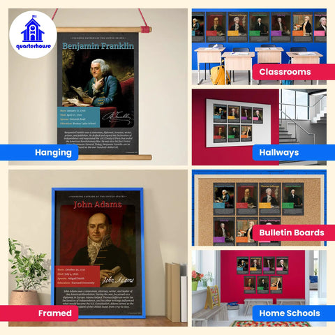 Seven Founding Fathers Classroom Poster Set for K 12, 12 x 18 Inch Social Studies Learning Materials, displayed in various settings