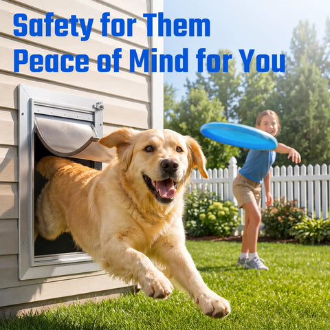 Golden Retriever happily exiting an All Aluminum Pet Door For Wall Built Tough With A Heavy Duty Reinforced Frame.