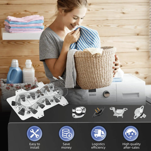 Woman holding laundry basket near washer and dryer with Upgraded DC47-00019A Dryer Heating Element Replacement For Samsung Dryers.