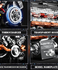 Badass Tiger Tank Engine Building Blocks Set 1236 Pieces view showing turbocharger, transparent hood, and details of model components.