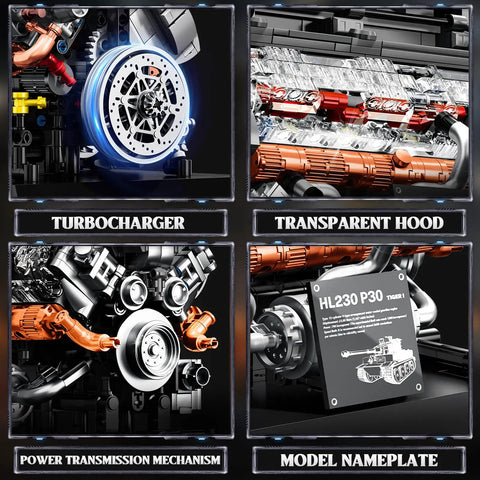 Badass Tiger Tank Engine Building Blocks Set 1236 Pieces view showing turbocharger, transparent hood, and details of model components.