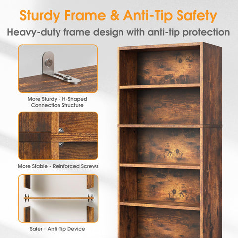 Straight Up Sturdy Five Tier Bookshelf Featuring Roomy Open Shelves For Prime Display And Zero Clutter Storage Plus High Quality Dope Living Room Decor Accents - close-up of sturdy H-shaped joints and anti-tip device.