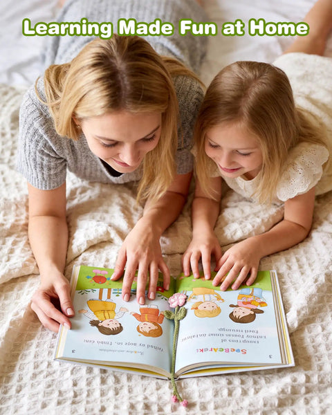 Mother and daughter reading a book with flower bookmark, Beginner Crochet Kit With 8 Flower Bookmarks Soft Yarn Bundles And Ergonomic Crochet Hook Step By Step Video Tutorials All In One DIY Art Craft Set For Adults Perfect Gift For Women And Teens Who Love Handmade visible.