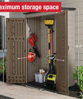 Weather Resistant Brown Vertical Resin Outdoor Storage Shed With Floor For Home Backyard Garden Tools Cushions Pool Chemicals Toys Keeps Your Yard Tidy And Neat Four By Two And A Half Feet open with tools inside