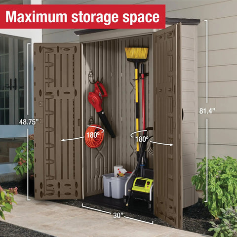 Weather Resistant Brown Vertical Resin Outdoor Storage Shed With Floor For Home Backyard Garden Tools Cushions Pool Chemicals Toys Keeps Your Yard Tidy And Neat Four By Two And A Half Feet open with tools inside