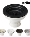Removable 3.5-Inch Kitchen Sink Strainer with Open-Close Stopper, Durable ABS Plastic, Brass Nut, in various colors, by Kraus.