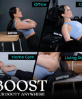 Woman using Hip Thrust Pad For Back, Shoulder And Neck Support, Cushioned Barbell Pad for Weight Lifting in various locations.